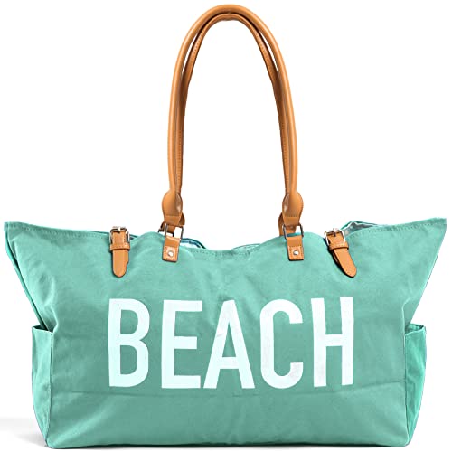 Keho Fashion Beach Bag (Cute Travel Tote), Large and Roomy, Waterproof Lining, Multiple Pockets (Green Canvas)