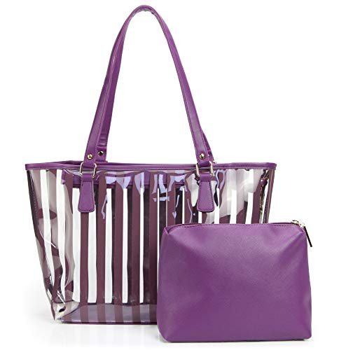 2 in 1 Semi Clear Purse Beach Tote Bags Large Work Shoulder Bag with Interior Pouch (Purple)