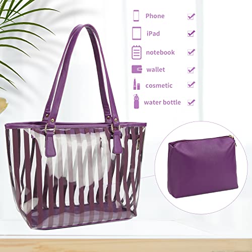 2 in 1 Semi Clear Purse Beach Tote Bags Large Work Shoulder Bag with Interior Pouch (Purple) | The Storepaperoomates Retail Market - Fast Affordable Shopping