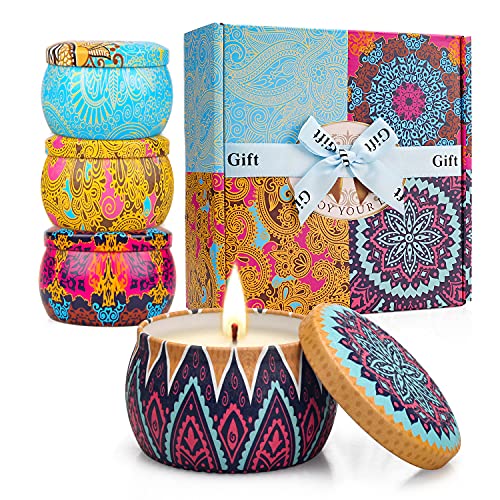 4 Pack Scented Candles Gifts Set for Women, 4.4 oz Soy Wax Portable Travel & Home Tin Jar Candles with Essential Oils for Bath, Stress Relief, Yoga Aromatherapy Candles with Strong Fragrance