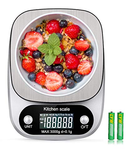Digital Kitchen Food Scale 3000g/0.1g Multifunction Weight Scale Gram Ounces, Electronic Jewelry Scale High Precision LCD Display/Stainless Steel/Tare/G OZ ML CT KG TL LB FL:OZ/Batteries Included