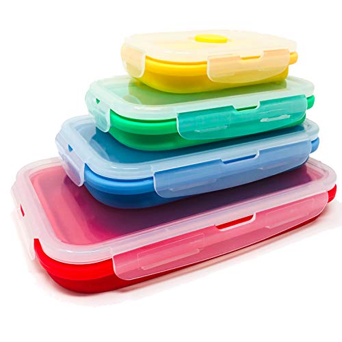 Set of 4 Collapsible Silicone Food Storage Container, Leftover Meal box For Kitchen, Bento Lunch Boxes, BPA Free, Microwave, Dishwasher and Freezer Safe. Foldable Design Saves Your Space.