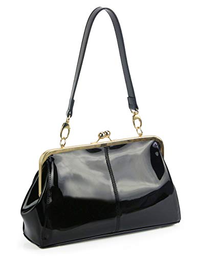 Vintage Kiss Lock Handbags Shiny Patent Leather Evening Shoulder Tote Bags with Chain Strap (Black)