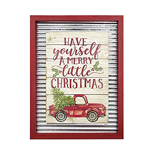 OUCHAN Christmas Galvanized Corrugated Distressed Frame Red Truck Wall Art Sign Plaque(Have Yourself A Merry Little Christmas)