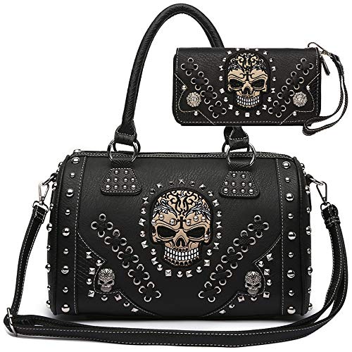 Sugar Skull Day of the Dead Punk Art Purse Removable Strap Women Satchel Handbag Shoulder Bag Wallet Set (Black Set)