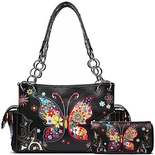 Western Style Spring Butterfly Flower Concealed Carry Purse Women Country Handbag Shoulder Bag Wallet Set (Black Set)