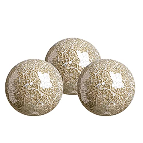 WHOLE HOUSEWARES | Decorative Balls for Centerpiece Bowls | Set of 3 | Glass Mosaic Sphere | Diameter 4″ | Home/Garden/Kitchen/Living Room Decor | Decorative Balls for Bowls (Gold)