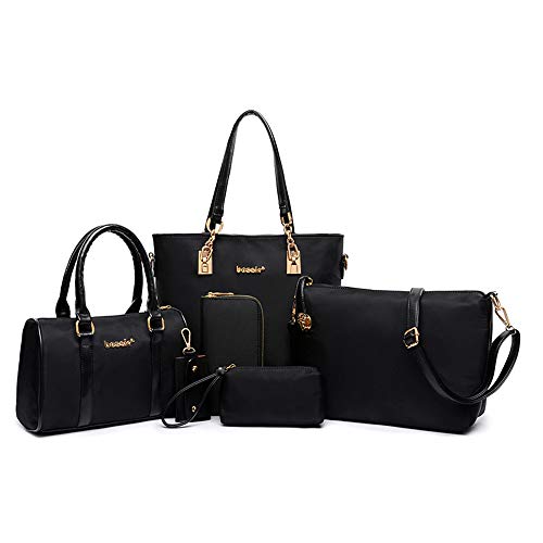 AlwaySky Women Shoulder Bag 6 PCS Top-Handle Handbag Tote Purse Wallet Key Case Set (Black)