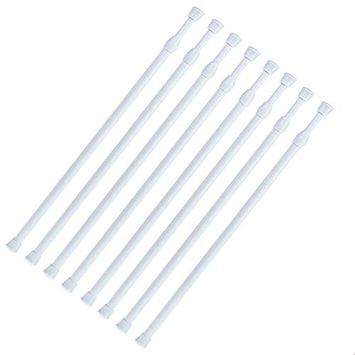 DeElf Outlet 8 Packs Small Tension Rods 16 to 28 inch Spring Adjustable Bars for Camper RV Refrigerator, Kitchen Windown, Cupboard Utensils, Closet, and Cabinet , White