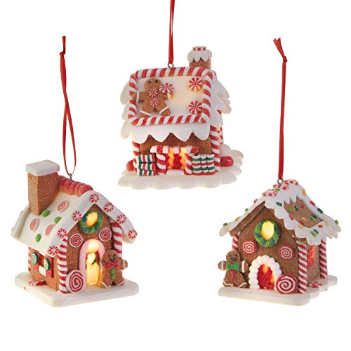 RAZ Imports Lighted Gingerbread House Claydough Ornaments 3 Piece Set 3.25 Inch