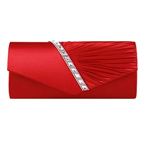 Goclothod Evening Clutch Handbag Women Fashion Pleated Crystal-Studded Crossbody Shoulder Bag Chain Clutch Purse (Red)