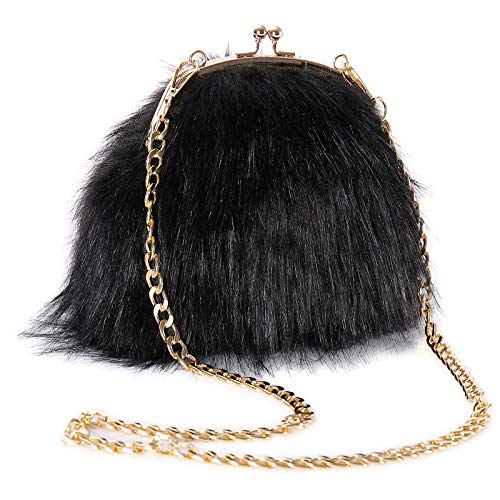 FHQHTH Faux Fur Purse Fashion Clutch Handbag Shoulder Vintage Evening Bags for Women [Black]