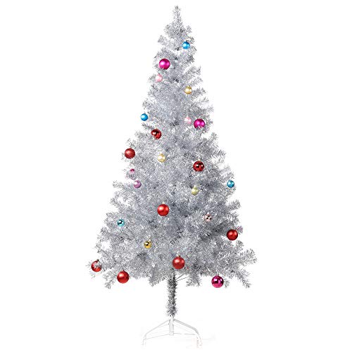 Wellwood 6 ft Silver Tinsel Christmas Tree with 24ct Assorted Ornament Set and Metal Stand, Easy Assembly