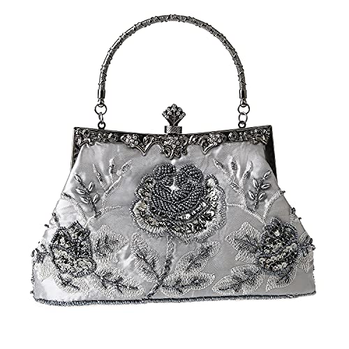 GUOZI Vintage Floral Beaded Rhinestone Embroidery Clutch Sequin Wedding Party Prom Bag Crossbody Evening Handbag for Bridal Ladies (Grey)