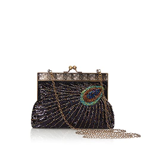 BABEYOND 1920s Flapper Peacock Clutch Gatsby Sequined Evening Handbag Beaded Bag (Style 2-Black)