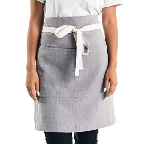 Caldo Linen Bistro Cafe Apron – Professional Grade with Pockets, Half Kitchen Apron, Mid Length 23 x 23, 40 Inch Waist Ties – Durable Unisex Uniform- Server or Chef (Grey)