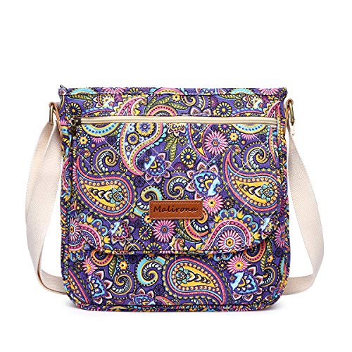 Malirona Canvas Crossbody Bags for Women Travel Messenger Purse Shoulder Bag Satchel Floral Pattern (Purple Flower)