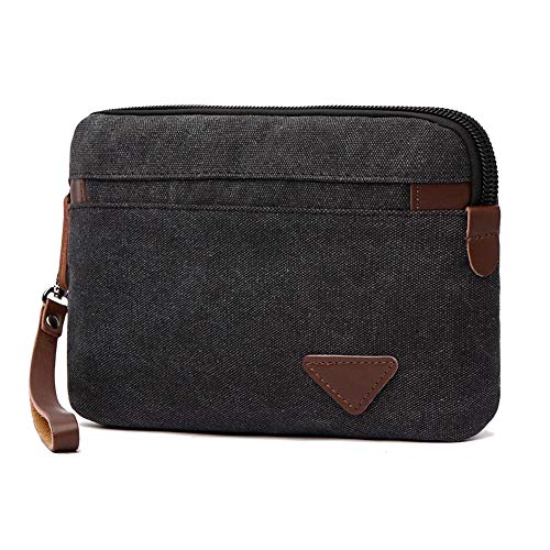 Canvas Wristlets Bag Large Clutch Bag Wallet Purse Zipper Pouch Handbag Organizer with Leather Strap Wristlet Purse for Men (Black)