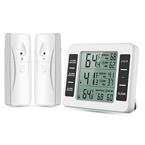 Refrigerator Thermometer, Wireless Digital Fridge Freezer Thermometer with Audible Alarm, Max/Min Temperature Display and 2 Sensors for Home Restaurants Kitchen