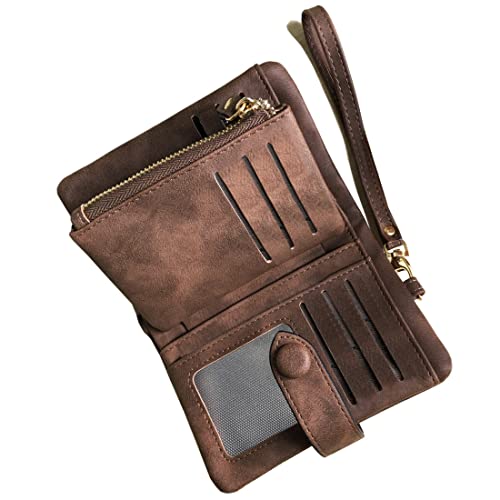 AOXONEL Women’s Small Bifold Leather wallet Rfid blocking Ladies Wristlet with Card holder id window Coin Purse (Brown)