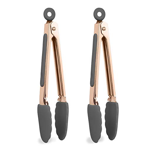 COOK WITH COLOR Tongs for Cooking Stainless Steel and Silicone Set of Two 8” Rose Gold Mini Nonstick Kitchen Tongs with Silicone Tips Small Tongs Appetizer Tongs Sugar Tongs Salad Tongs (Grey)