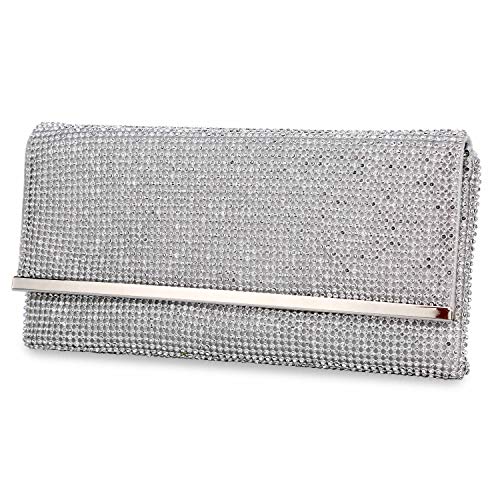 Tanpell Women’s Soft Rhinestone Crystal Evening Clutch Bags Bling Purse with Detachable Chain for Prom Party Silver
