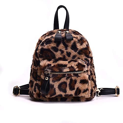 Mellshy Women Leopard Print Backpack Mini Fluffy Shoulder Bag School Bag (Brown)