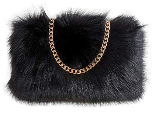 FHQHTH Faux Fox Fur Purse Fuzzy Handbags for Women Evening Handbags Al alloy Shoulder Strap [Black]