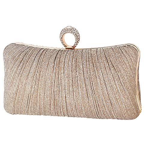 iWISH Womens Golden Glitter Clutch Purse Pleated Evening Bag for Bridal Wedding Party with Rhinestone Ring