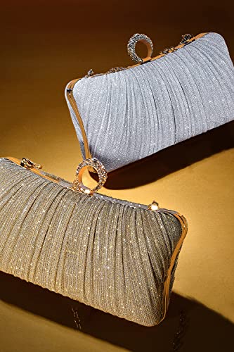 iWISH Womens Golden Glitter Clutch Purse Pleated Evening Bag for Bridal Wedding Party with Rhinestone Ring | The Storepaperoomates Retail Market - Fast Affordable Shopping