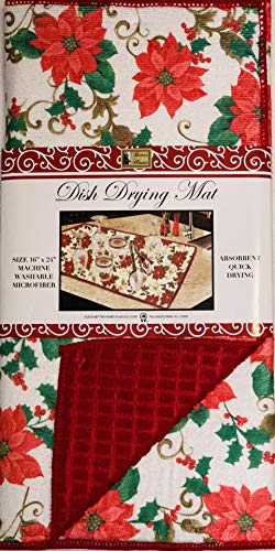 Durable Designs Microfiber Dish Drying Mat, 16″ x 24″ Absorbent Quick Drying, Fine Cushioned Fabric, Poinsettia Design