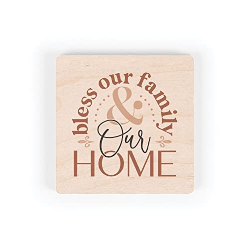 Bless Our Family and Our Home Natural Brown 2.75 x 2.75 Maple Veneer Wood Magnet