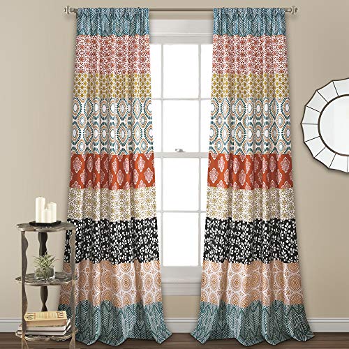 Lush Decor Bohemian Stripe Window Curtain Colorful Bold Design Panel Pair, 84″ x 52″, Turquoise and Orange