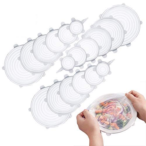 Silicone Stretch Lids. 18 Pack to Keeping Food Fresh. Reusable, durable and expandable silicon to fit various sizes of bowl covers, cups, canneds, pot and pans in dishwasher, microwave and Freezer