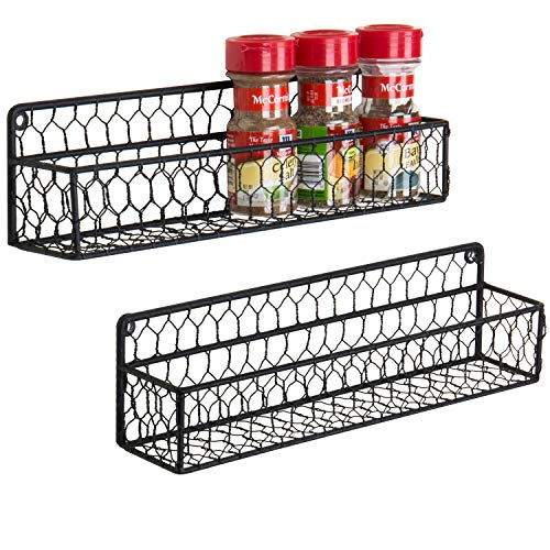MyGift Wall Spice Racks, 12-Inch Black Chicken Wire Hanging Kitchen Seasoning Condiment Organizer Shelf, Set of 2