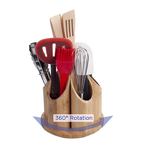 MobileVision Bamboo Circular Rotating Utensil Holder & Kitchen Organizer, 5 Sections, Store Forks, Spoons, Knives, Serving Utensils, and Other Cooking Tools