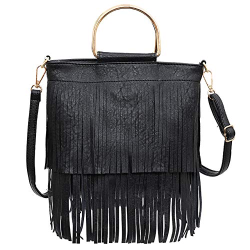 CHIC DIARY Women’s Crossbody Bag Leather Tassel Shoulder Handbag Clutch Purse (Black)
