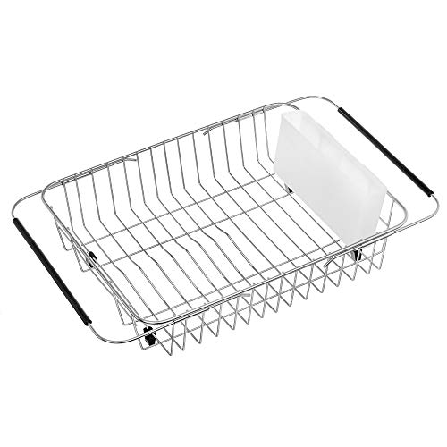 iPEGTOP Expandable Dish Drying Rack, Over The Sink Dish Rack, in Sink Or On Counter Dish Drainer with White Utensil Holder Cutlery Tray, Rustproof Stainless Steel for Kitchen