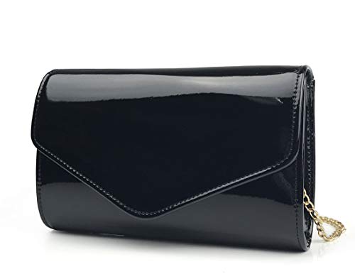HOXIS Glossy Envelope Evening Clutch Faux Patent Leather Women Chain Shoulder Bag Solid Color Purse (Black)