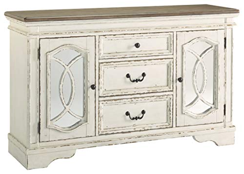 Signature Design by Ashley Realyn French Country Distressed -Dining Room Buffet or Server, Chipped White