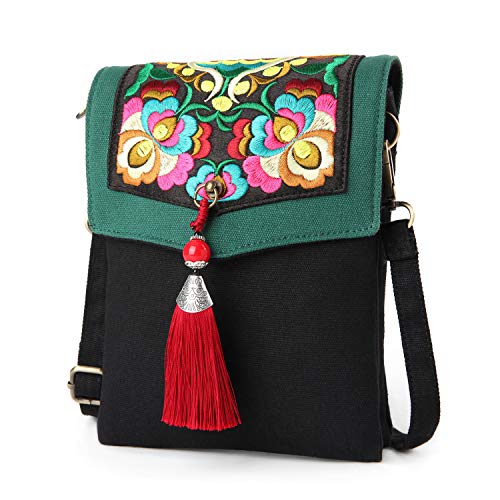 Embroidered Tassels Canvas Crossbody Bag, Cute Shoulder Bag Cellphone Pouch Purse (A02: Vertical-Tassel-Green)