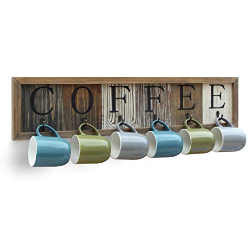 Coffee Mug Holder with Printed Solid Wood Coffee Sign, 6 Coffee Cup Hooks with Wooden Coffee Mug Display and Organizer – Distressed Coffee Rack Sign, 31.5″ Wide