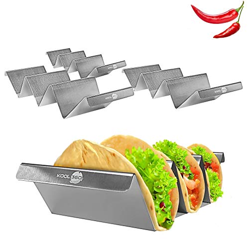 Food Grade Stainless Steel Taco Holders with Handles | Taco Shells Holder Set of 4 | Each Taco Stand Holds Up To 3 Tortillas| Taco Rack Dishwasher Oven Grill Safe| Taco Plates for Home and Restaurant