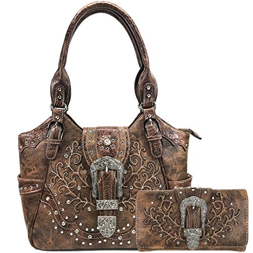 Justin West American Albino Floral Embroidery Buckle Shoulder Concealed Carry Handbag Purse (Chocolate Purse and Wallet Set)
