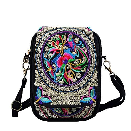 Serstone Women Ethnic Embroidered Handmade Mini Canvas Crossbody Shoulder Boho Travel Handbag Cell Phone Purse Wallet, Multicolor, 5.9*1.9*7.0 inch