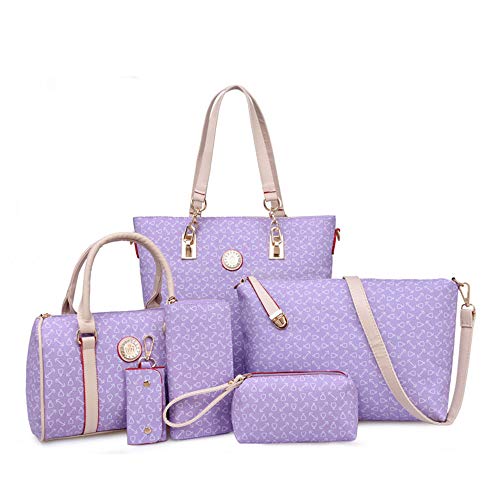 Women Handbag Set 6 Pcs PU Leather Tote Purse Set Multi-purpose Classic Shoulder Bag (Purple)