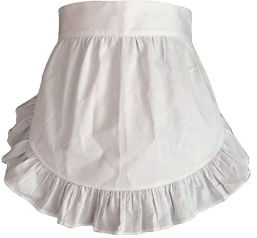 CRB Fashion Waist Apron Kitchen Cooking Restaurant 100% Cotton Bistro Half Aprons with Pockets For Girl Woman (White)