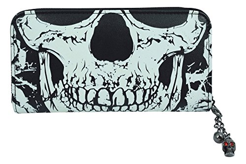 Lost Queen Gothic Death Skull Face Glow in the Dark Zip Around Wallet, Black, Large