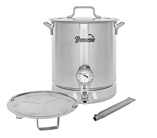 BREWSIE Stainless Steel Home Brew Kettle w/Dual Filtration. Equip with False Bottom Thermometer and Ball Valve for Brewing (8 Gal/ 32 QT)