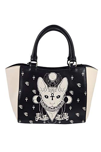 Lost Queen Gothic Bastet Sphynx Cat Occult Goth Satchel Handbag, Black, Cream, Small